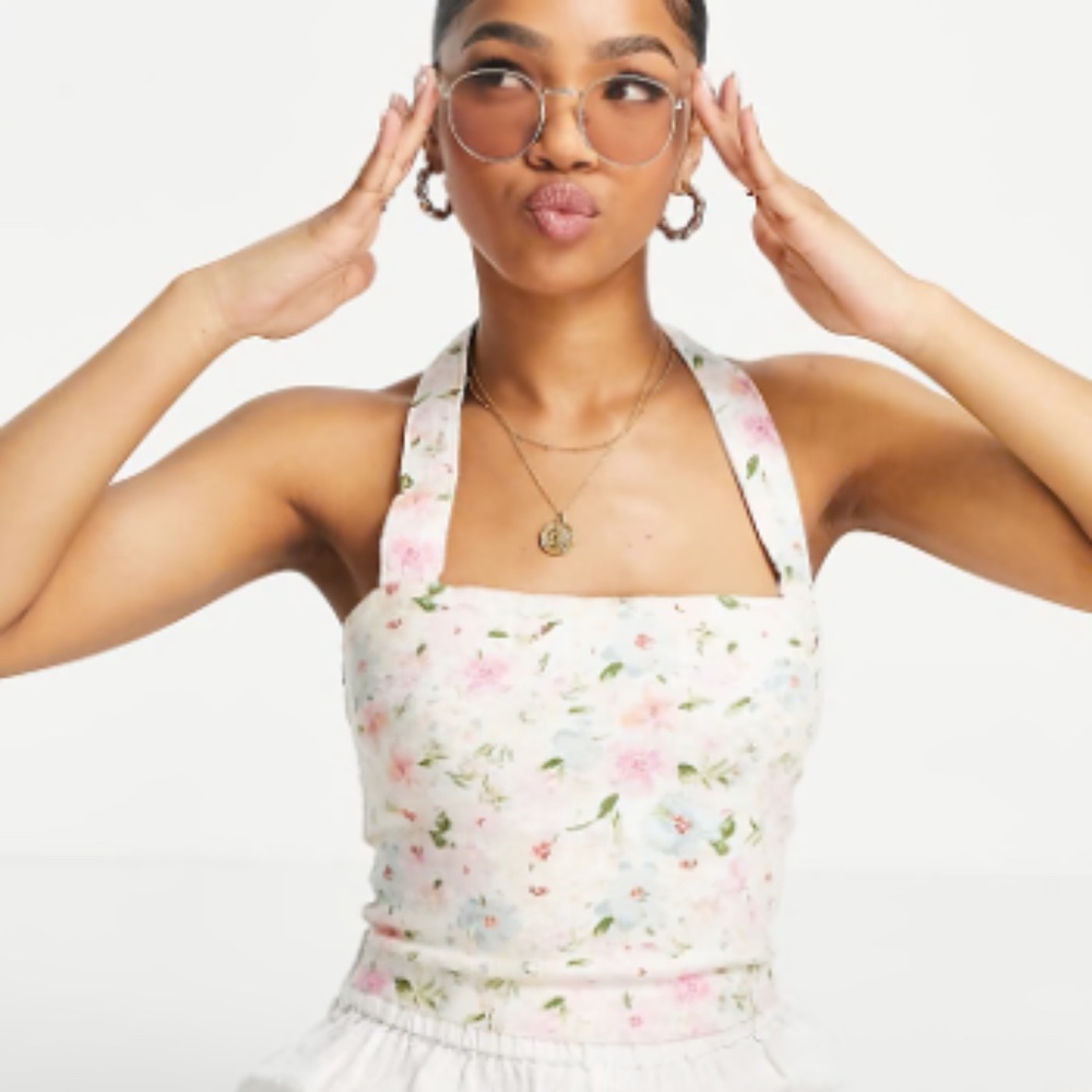 Abercrombie & Fitch White Floral Wide Strap Halter Linen-Blend Set Top